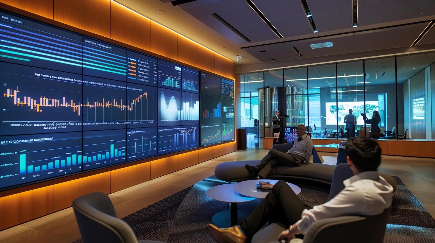 a sleek, modern office environment features a large screen displaying dynamic data analytics dashboards, with team members collaboratively discussing marketing strategies amidst vibrant displays of charts and graphs that highlight key performance indicators.