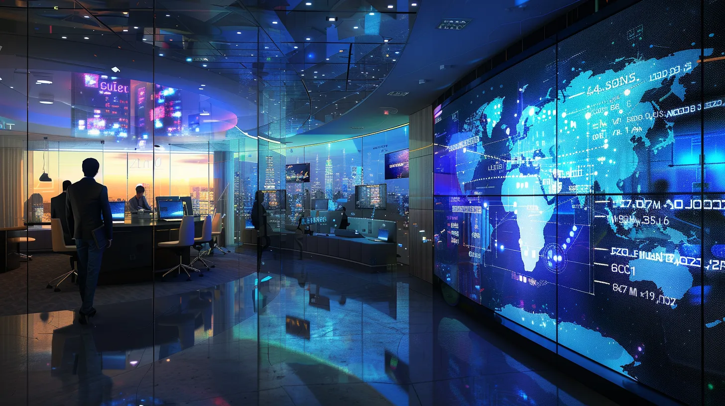 a sleek, modern office environment showcases a diverse team of professionals engaged in a vibrant brainstorming session, surrounded by digital marketing metrics displayed on screens, reflecting a strategic approach to b2b lead generation.