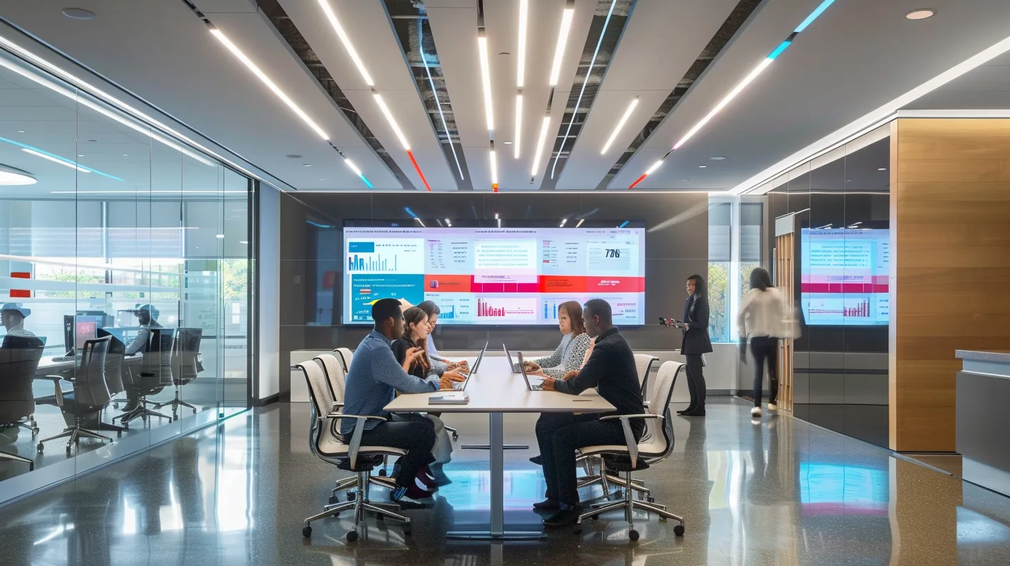 a sleek, modern office setup features a diverse group of professionals engaged in a collaborative discussion around a digital screen displaying performance metrics and linkedin outreach strategies, illuminated by bright overhead lighting that highlights their focused expressions and the vibrant colors of their digital tools.