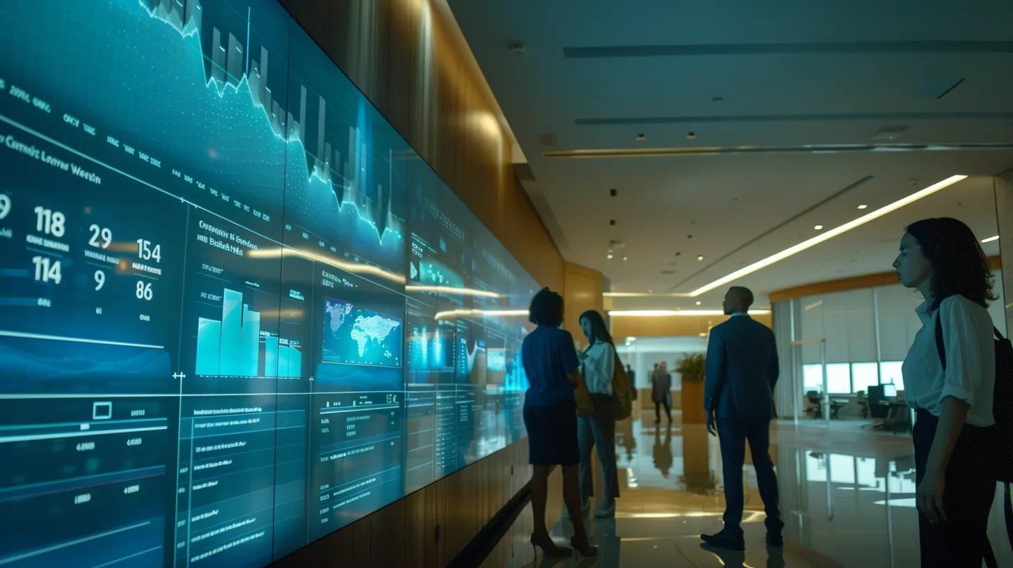 a sleek, modern office space features a large digital display showcasing a vibrant dashboard of integrated marketing metrics, surrounded by professionals engaged in dynamic collaborative discussions about optimizing campaign strategies and workflow efficiencies.