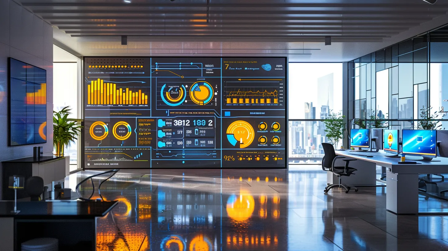 a sleek, modern office space filled with digital displays showcasing innovative advertising strategies, vibrant graphs portraying consumer trends, and a central desk where an ai interface highlights the integration of automation in marketing.